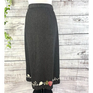 Denim & Co Skirt Plus size 1X Black Denim Jean Long Straight Floral Embroidery